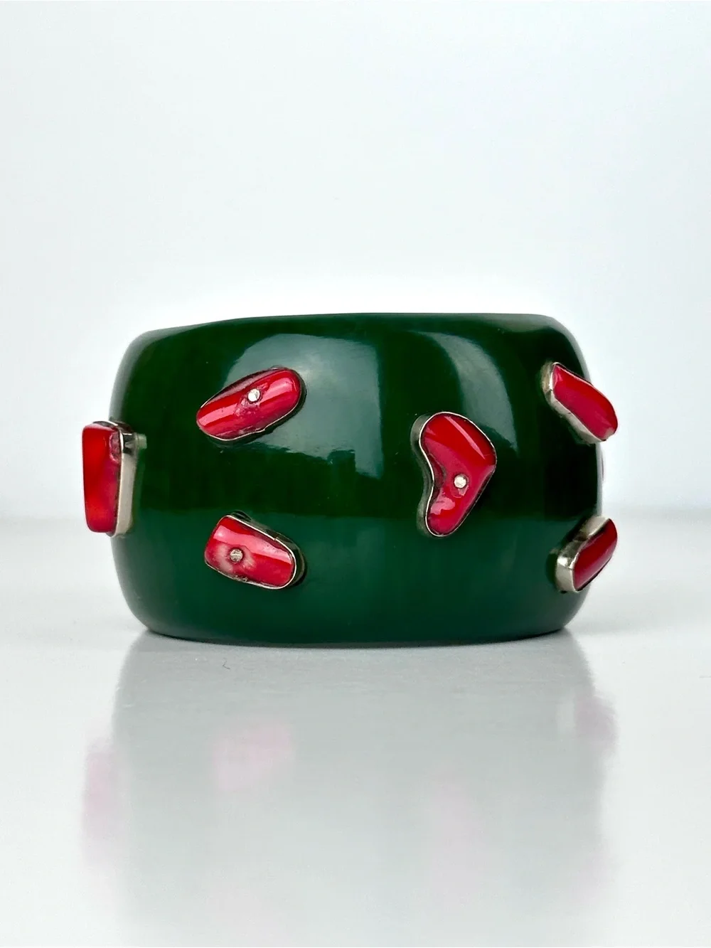 Massive Green Resin & Red Coral Sterling Silver Statement Cuff Bracelet - Picture 2 of 12
